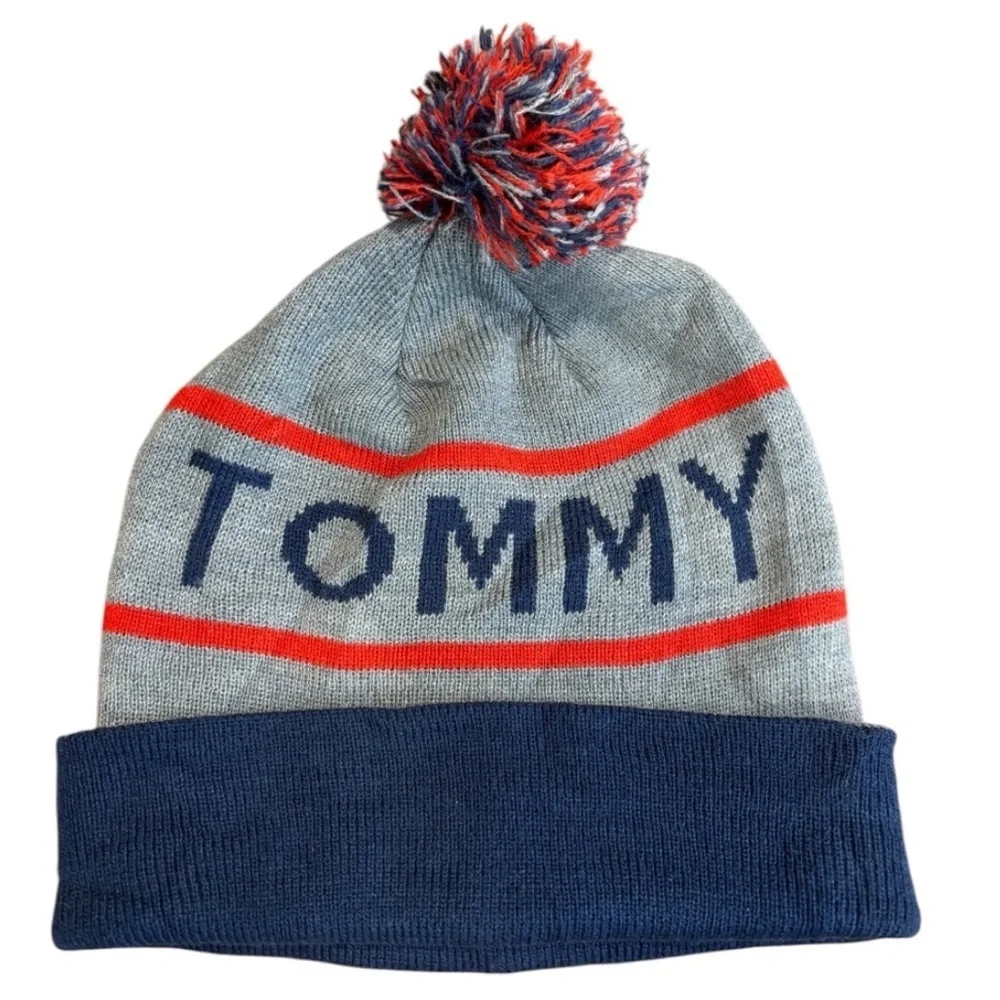 Tommy Hilfiger Men’s Gray, Red and Navy Blue Knit Winter Pom Beanie